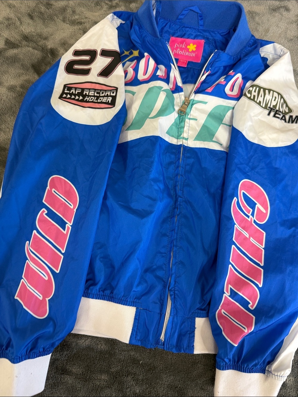 Pink Platinum Blue Racing-Graphic Puffer Jacket with Pink Accents